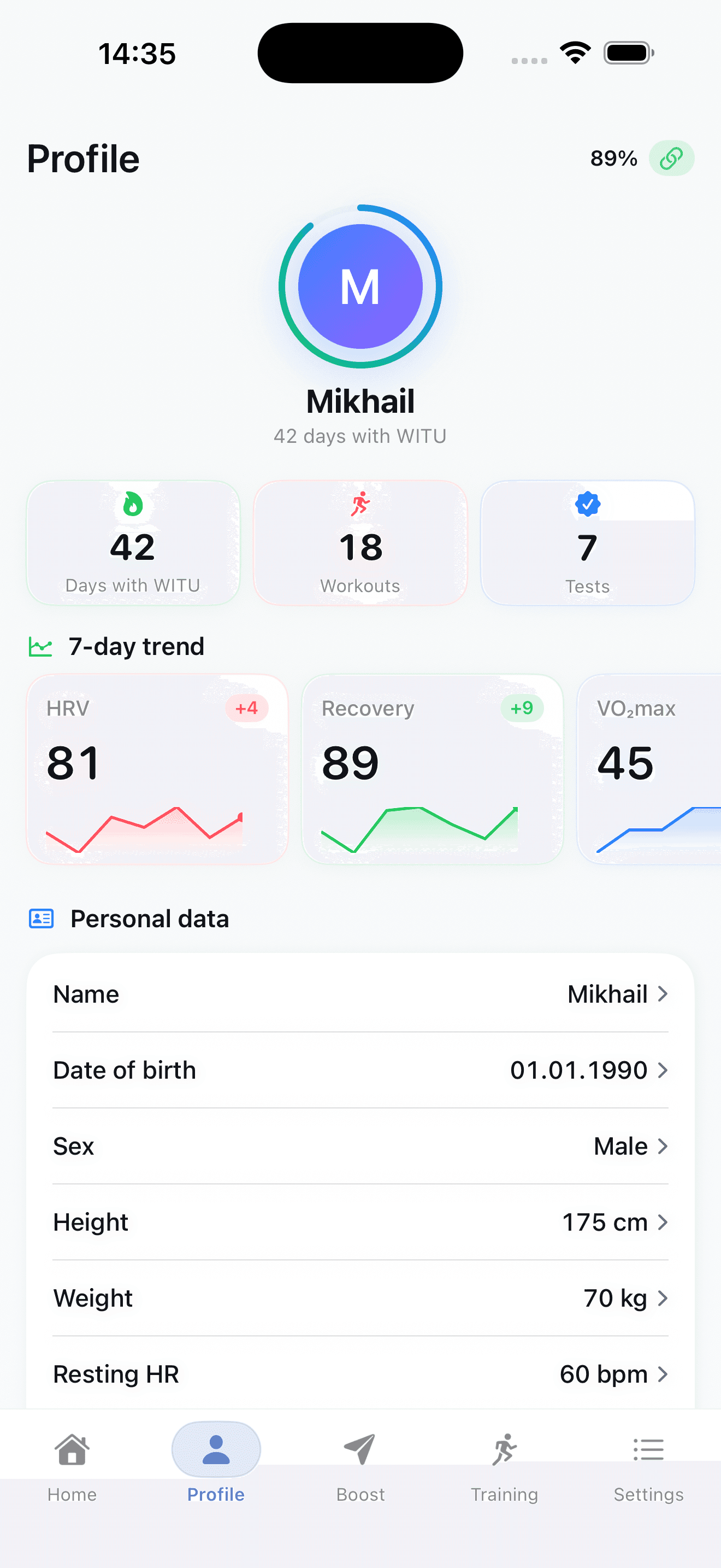 Profile and progress screen in the WitU app