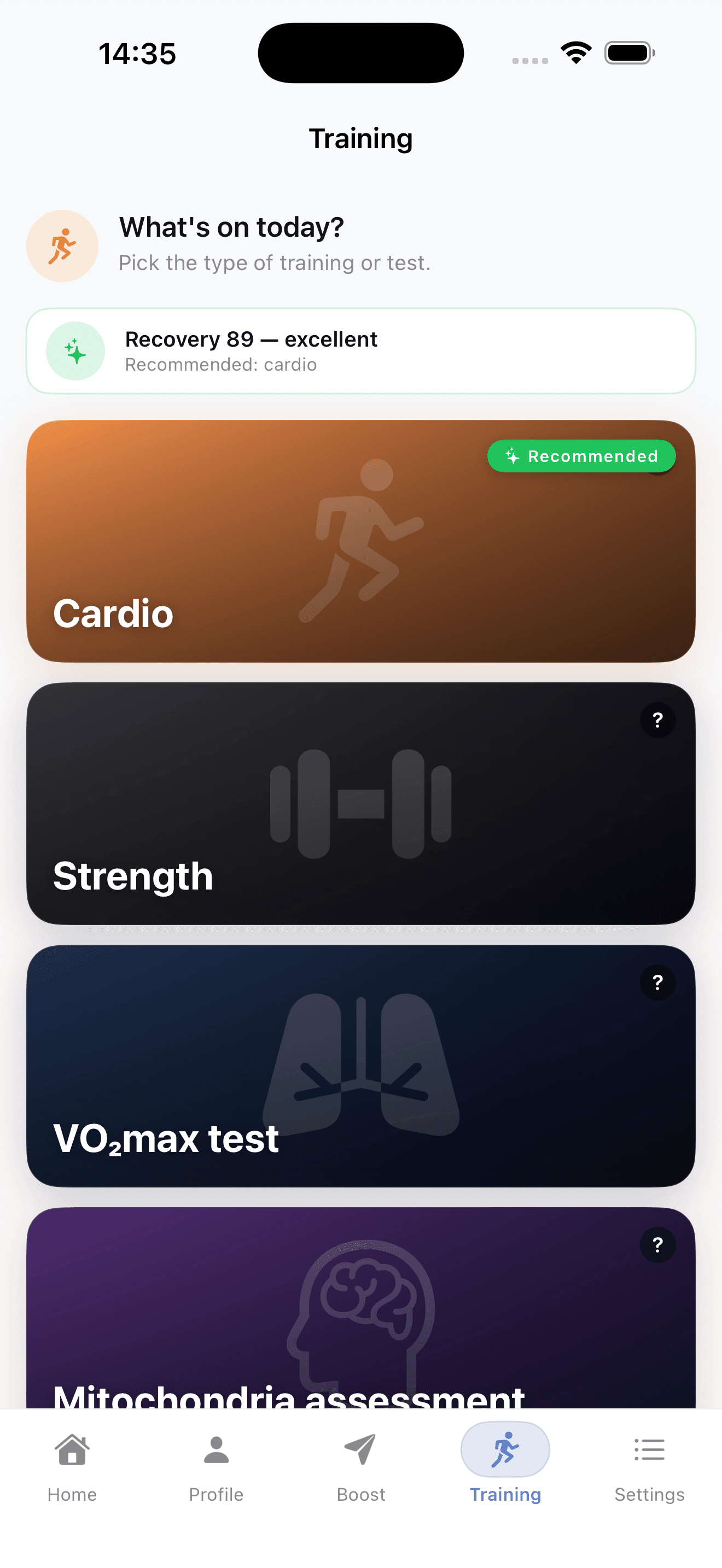 Workouts screen in the WitU app